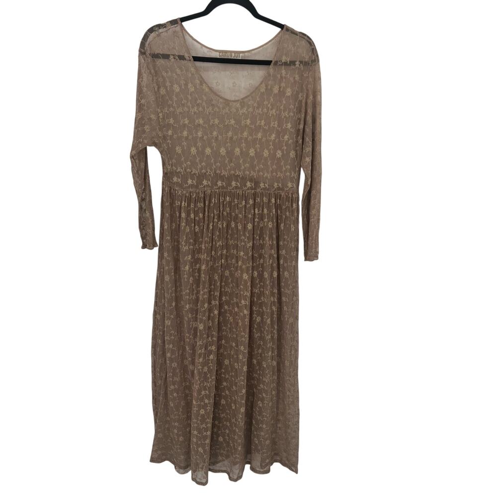 Vintage Caron Joy Taupe Lace Long Sleeve Maxi Dress